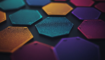 Colorful hexagons on black background. 3D illustration. 3D rendering.の素材