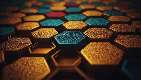 Abstract 3d rendering of chaotic hexagonal structure. Futuristic background.の素材