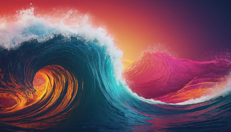 Surfing wave in ocean at sunset. 3D Rendering.の素材