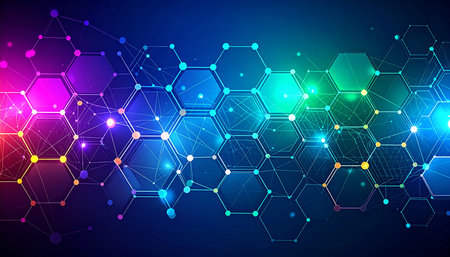 Abstract hexagonal background with molecular structures and neural network. Vector illustrationの素材