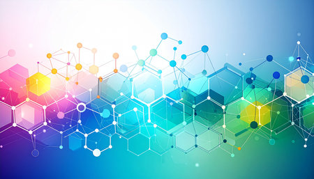 Abstract hexagonal background with molecular structures and neural network. Vector illustrationの素材