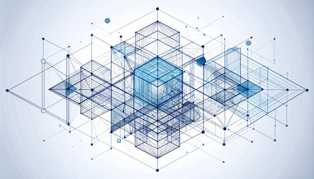 Abstract vector background with cubes, lines and geometric elements. Template for science and technology presentations.の素材