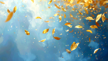 Autumn leaves falling on blue sky background. 3d render illustrationの素材