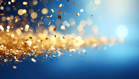 Golden confetti on blue bokeh background. 3d renderingの素材