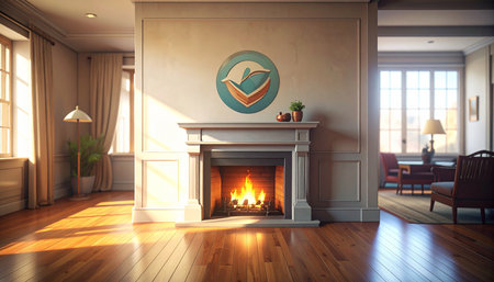 Cozy living room interior with fireplace and wooden floor. 3D renderingの素材