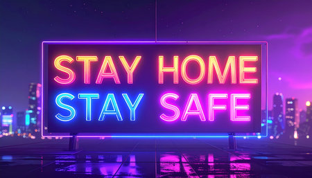 Glowing neon stay home stay safe sign on city background 3D renderingの素材