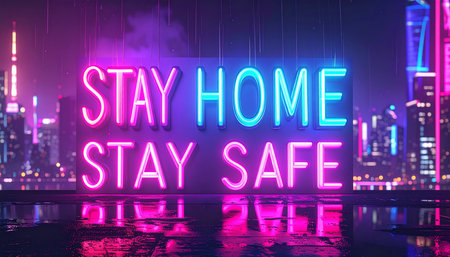 Stay home stay safe message neon sign on colorful background 3D renderingの素材