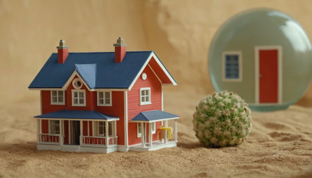 Miniature house and cactus on the sand. Selective focus.の素材