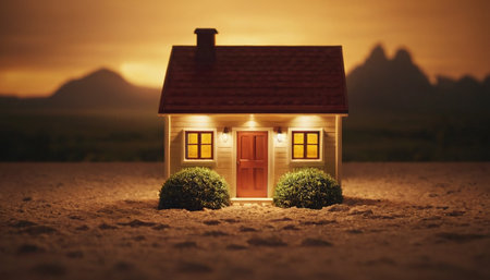 House model on the sand with sunset background. Real estate concept.の素材
