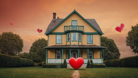 Valentine's day background with red heart and beautiful house.の素材