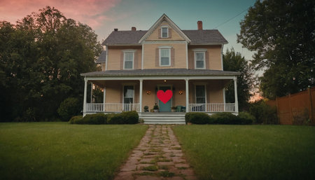 Beautiful old house with a red heart on the front yard.の素材