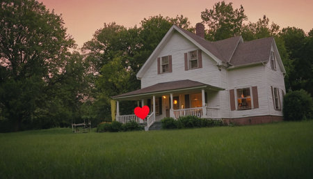 A beautiful old house with a red heart in the middle of the field.の素材