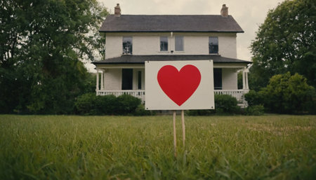 House with a red heart on a post in the middle of the fieldの素材