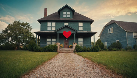 Luxury house with red heart in front of the door.の素材