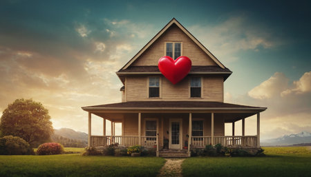 House with red heart against scenic view of green field under blue skyの素材