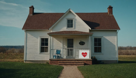 A beautiful home with a red heart in the front yard of itの素材