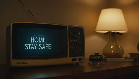 Stay Safe message on old TV screen in the living room at nightの素材