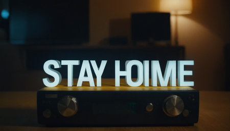 Stay home concept. Glowing neon lettering stay at home in dark room.の素材