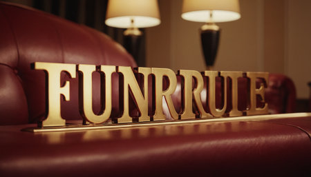The word furniture made of golden letters on a red sofaの素材