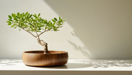 Bonsai tree in a wooden bowl on a white table.の素材