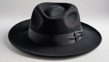 Black hat with bow tie on a white background. Close-up.の素材
