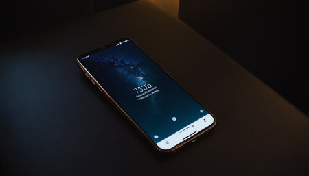 A new Apple iPhone X is displayed on a black background. iPhone was created and developed by the Apple inc.の素材