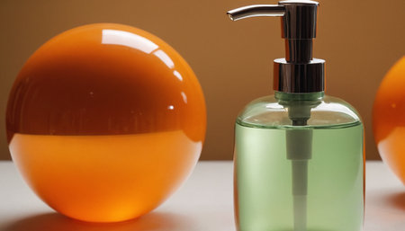 Liquid soap dispenser pump and orange balls on white wooden table, closeupの素材