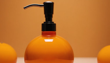 Liquid soap dispenser bottle on orange background. Shallow DOFの素材
