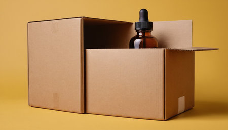 Brown bottle of essential oil in an open cardboard box on a yellow backgroundの素材
