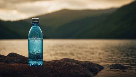 Bottle of mineral water on the rock at the lake with mountain backgroundの素材