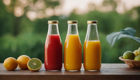 Bottles of fresh juice on wooden table with orange and lime.の素材