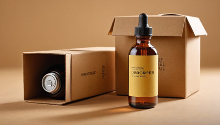 Essential oil in a glass bottle on a beige background.の素材