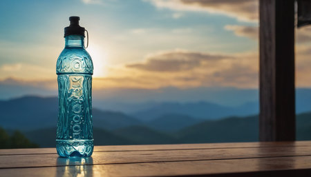 Bottle of water on wooden table with mountains background at sunset.の素材