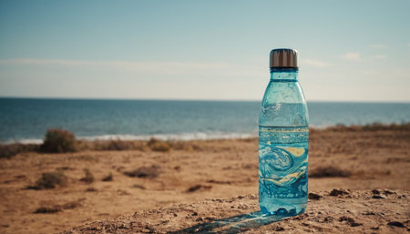 Plastic bottle of water on the beach with sea and sky backgroundの素材