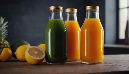 Bottles of fresh juice on wooden table against blurred background, closeupの素材