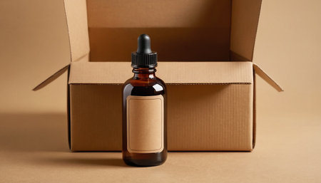 Brown glass bottle with blank label on brown cardboard box. Mock upの素材