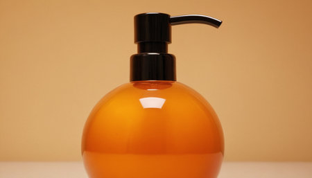 A bottle of orange liquid soap with a black cap on a beige backgroundの素材