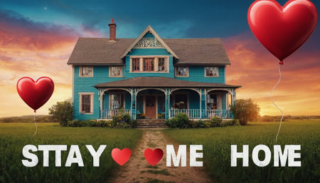 Stay at home concept with house and red heart balloons in the fieldの素材
