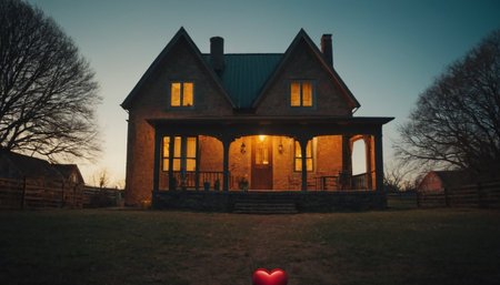 Old house with a red heart in the foreground at sunset, vintage styleの素材