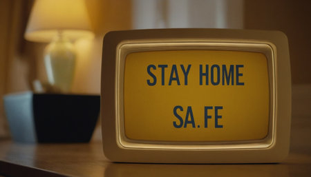 Stay home safe message on vintage alarm clock on table in living roomの素材