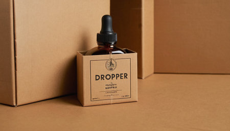 Doterra Essential Oil bottle on cardboard box. Doterra Essential Oil is a medical and cosmetic product for everyday use.の素材