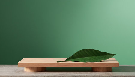 Wooden shelf with green leaf on table against color wall. Mockup for designの素材