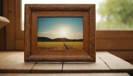 Wooden photo frame on the table with a wheat field and sunset.の素材