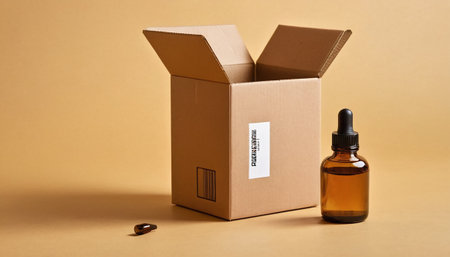 Essential oil in a brown glass bottle with a box on a beige backgroundの素材