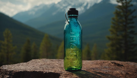 Sports bottle with water on the background of the mountains and the forestの素材