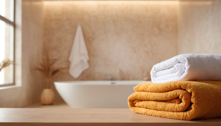 Bathroom interior with bathtub and towels on wooden table, closeupの素材
