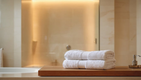 Towels on wooden countertop in modern bathroom. Space for textの素材