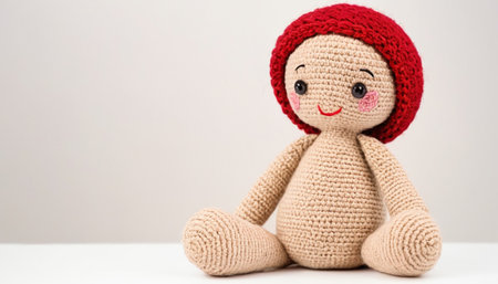 Handmade crochet doll with red hat on white background, stock photoの素材