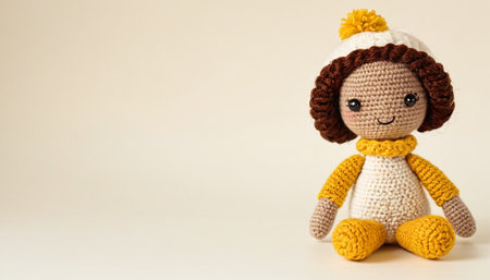 Handmade crochet doll with a yellow flower on a white background.の素材
