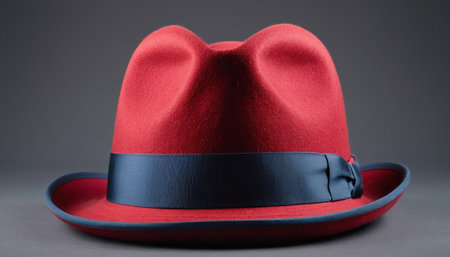 Red hat with black ribbon on gray background. Close-up.の素材